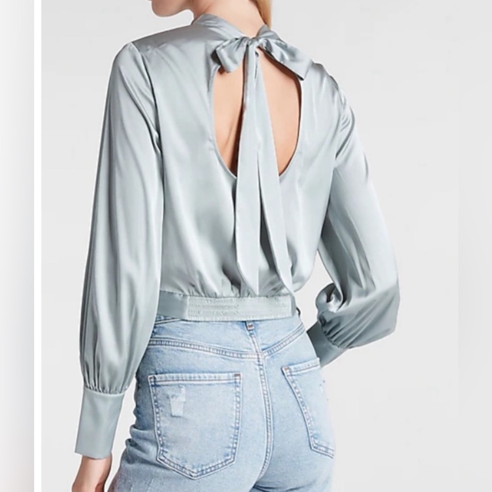 Express Sky Blue Satin Open-Back Blouse